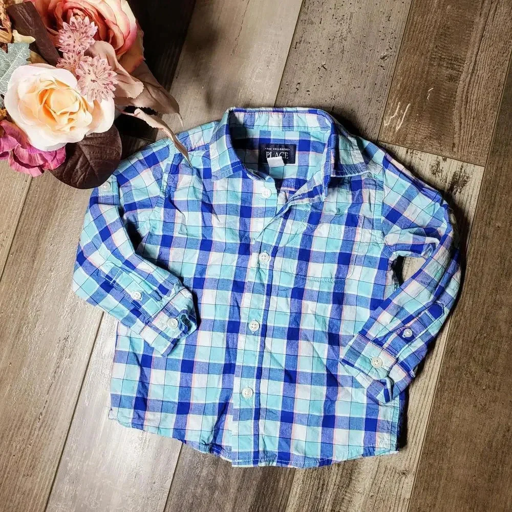 The Children's Place Boys Plaid Long Sleeve Button-Up Dress Shirt Size 2T